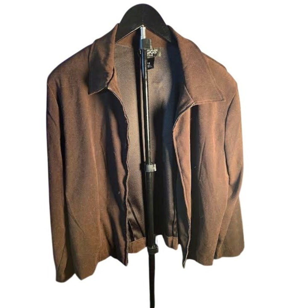 Briggs New York Womens Brown Faux Suede Zip Front Jacket Blazer Size 12